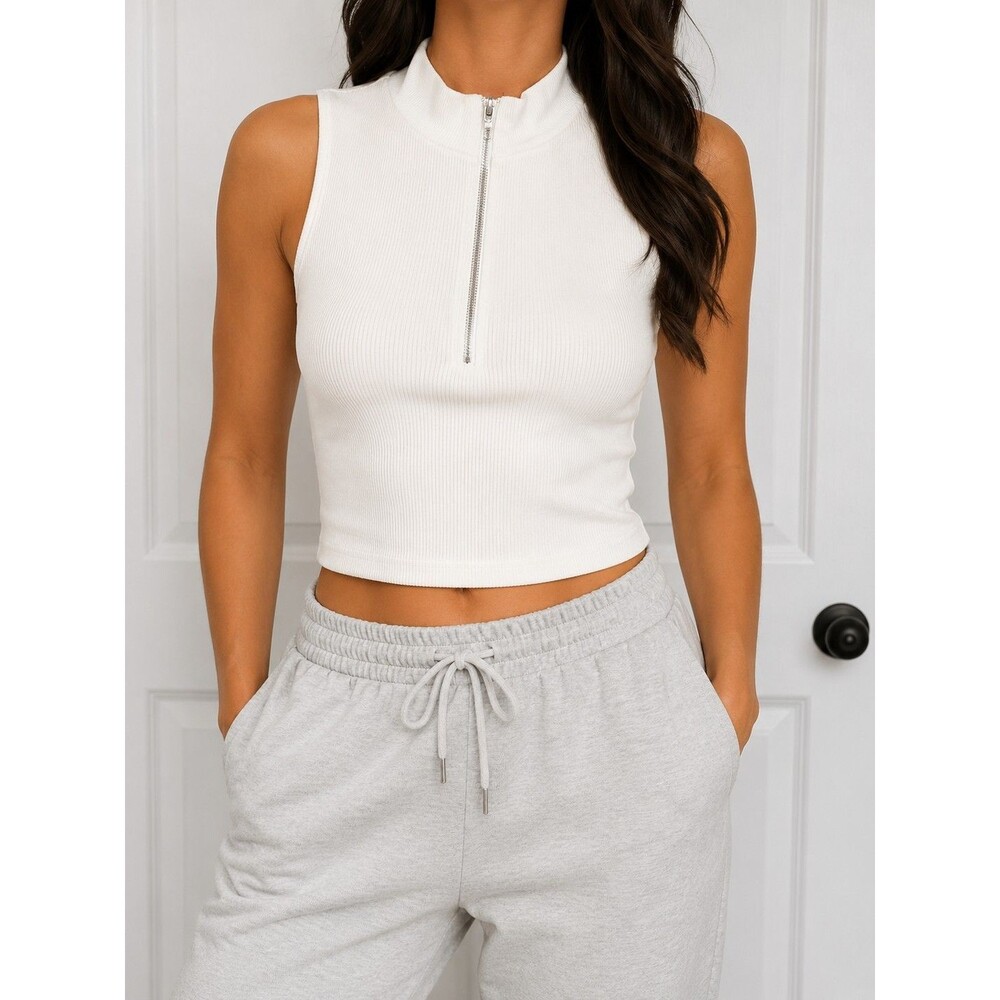 Zara Women's White Ribbed Sleeveless Mock Neck Zip Front Crop Top